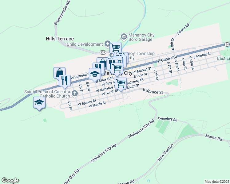 map of restaurants, bars, coffee shops, grocery stores, and more near 36 West South Street in Mahanoy City