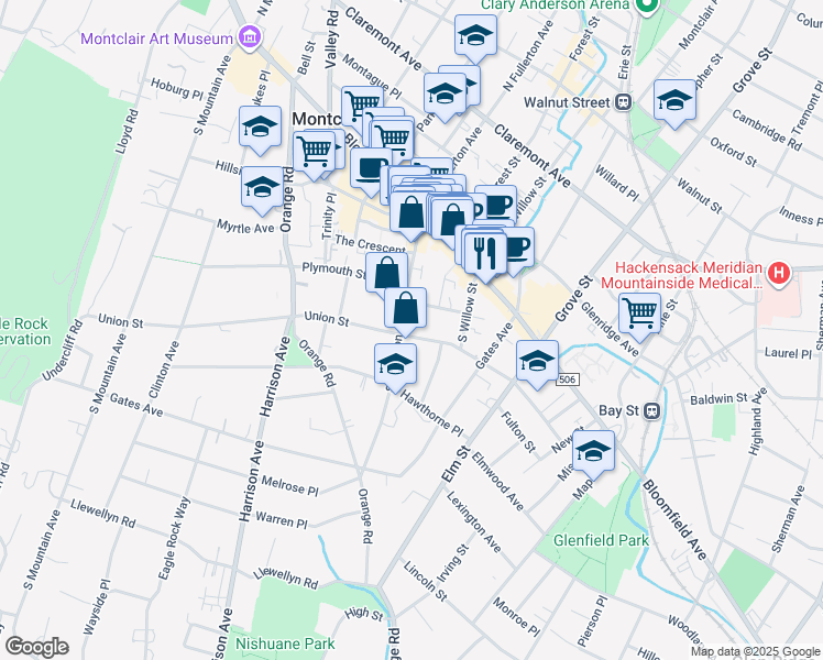 map of restaurants, bars, coffee shops, grocery stores, and more near 65 Union Street in Montclair