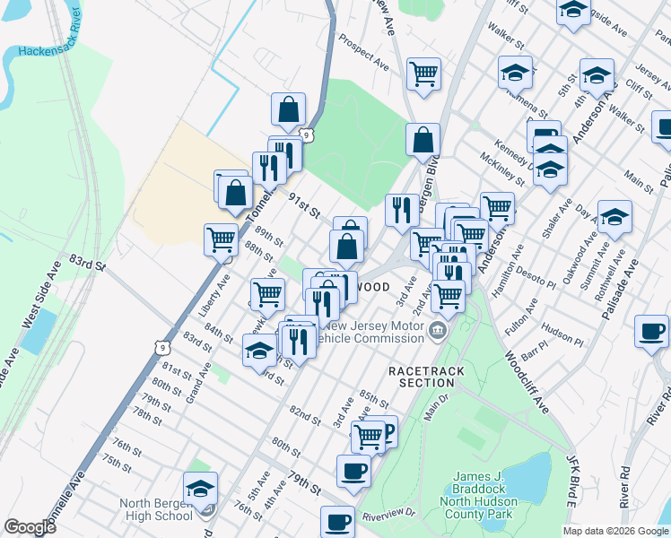 map of restaurants, bars, coffee shops, grocery stores, and more near in North Bergen