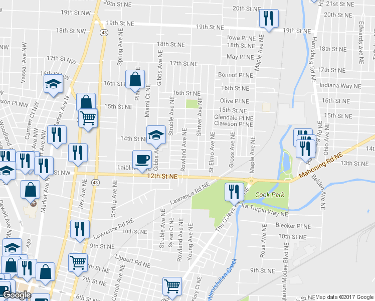 map of restaurants, bars, coffee shops, grocery stores, and more near 1326 Rowland Avenue Northeast in Canton
