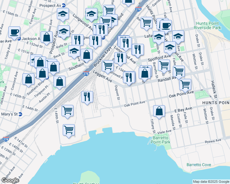 map of restaurants, bars, coffee shops, grocery stores, and more near 531 Dupont Street in Bronx