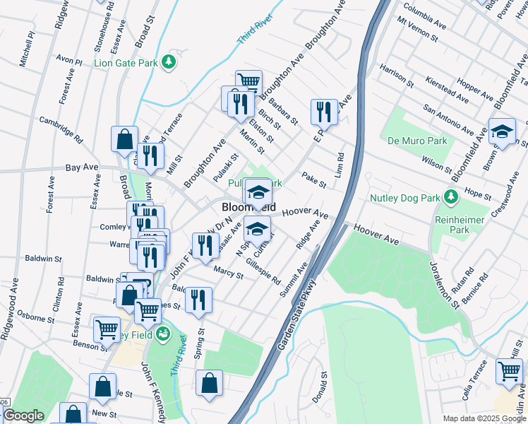 map of restaurants, bars, coffee shops, grocery stores, and more near 217 Hoover Avenue in Bloomfield