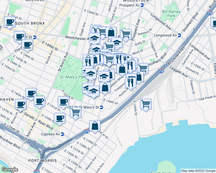 map of restaurants, bars, coffee shops, grocery stores, and more near 457 Southern Boulevard in Bronx