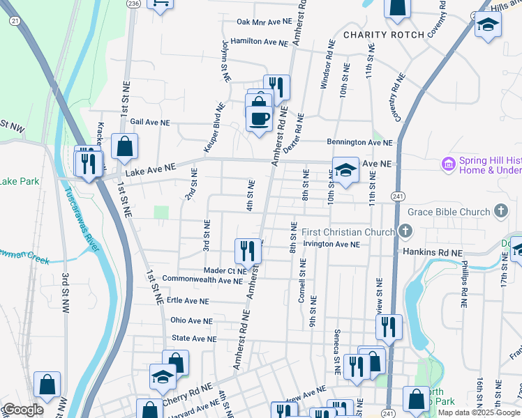 map of restaurants, bars, coffee shops, grocery stores, and more near 1105 Amherst Rd NE in Massillon