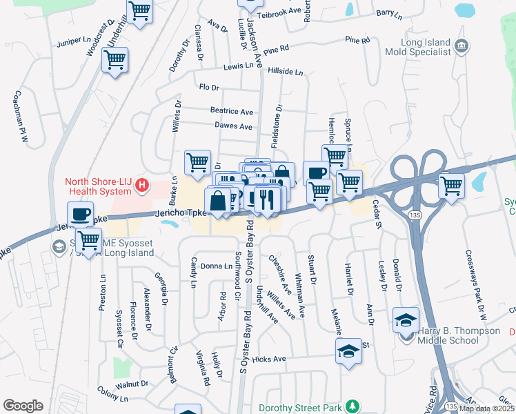 map of restaurants, bars, coffee shops, grocery stores, and more near 397 Jericho Turnpike in Syosset