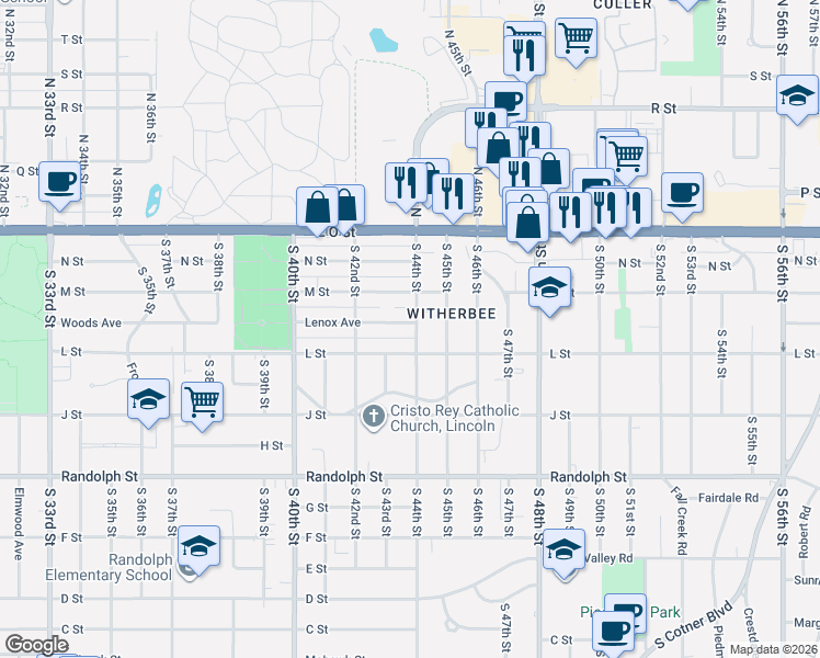 map of restaurants, bars, coffee shops, grocery stores, and more near 369 South 44th Street in Lincoln