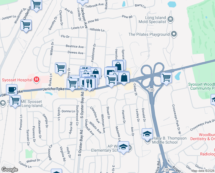 map of restaurants, bars, coffee shops, grocery stores, and more near Jericho Turnpike in Queens