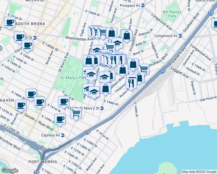 map of restaurants, bars, coffee shops, grocery stores, and more near 457 Southern Boulevard in Bronx
