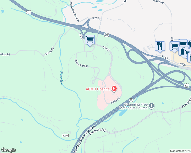 map of restaurants, bars, coffee shops, grocery stores, and more near 1014 Glade Park East in Kittanning