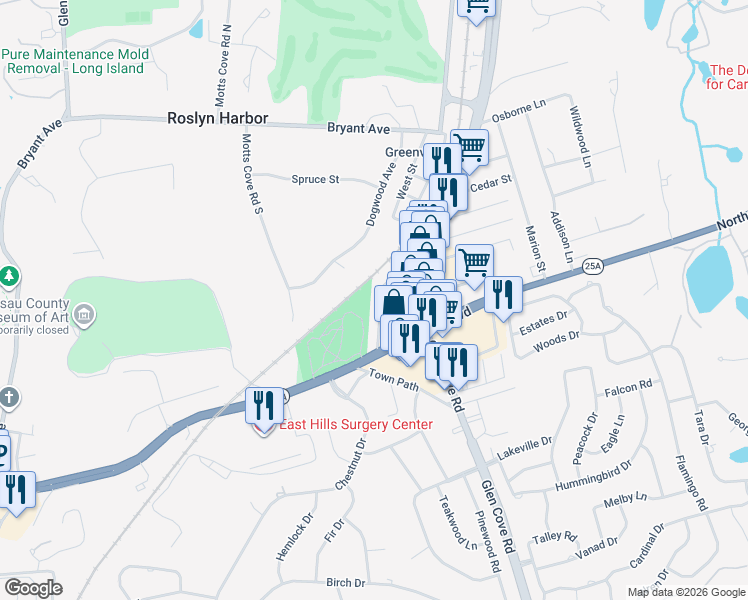 map of restaurants, bars, coffee shops, grocery stores, and more near 13 Wellington Road in Greenvale