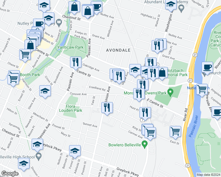 map of restaurants, bars, coffee shops, grocery stores, and more near 108 Union Avenue in Nutley