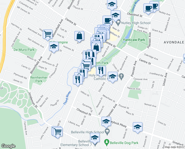 map of restaurants, bars, coffee shops, grocery stores, and more near 10 Coppola Street in Nutley