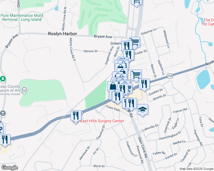 map of restaurants, bars, coffee shops, grocery stores, and more near 13 Wellington Road in Greenvale