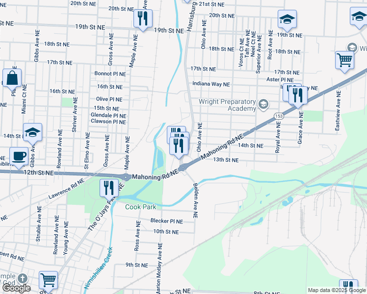 map of restaurants, bars, coffee shops, grocery stores, and more near 1315 Harrisburg Road Northeast in Canton