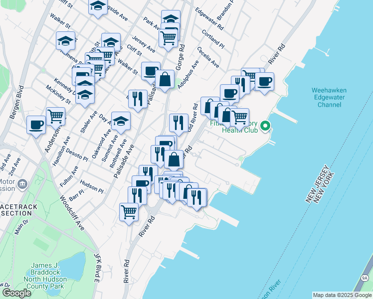 map of restaurants, bars, coffee shops, grocery stores, and more near 336 River Road in Edgewater