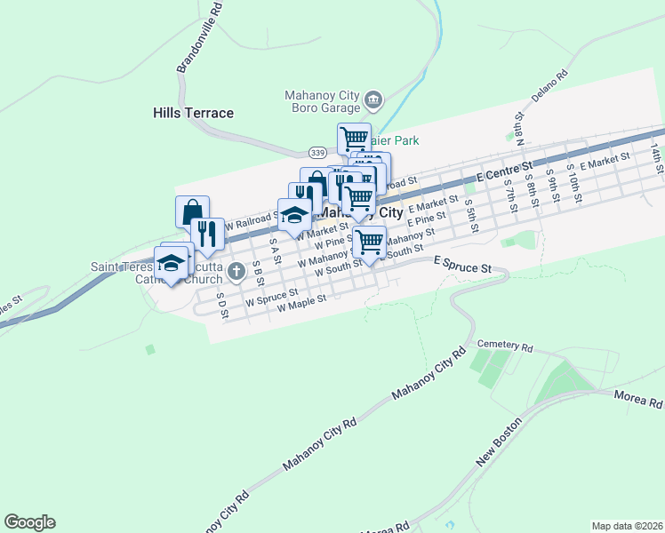 map of restaurants, bars, coffee shops, grocery stores, and more near 133 West South Street in Mahanoy City