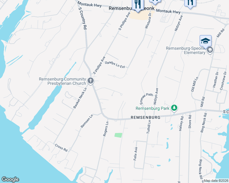map of restaurants, bars, coffee shops, grocery stores, and more near 24 Pheasant Lane East in Bellport
