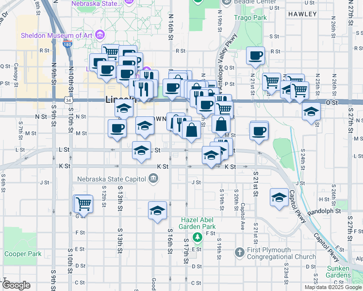 map of restaurants, bars, coffee shops, grocery stores, and more near 1612 L Street in Lincoln