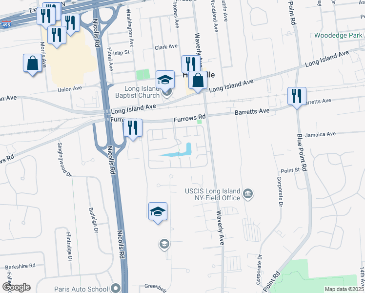 map of restaurants, bars, coffee shops, grocery stores, and more near 2 Victorian Court in Holtsville