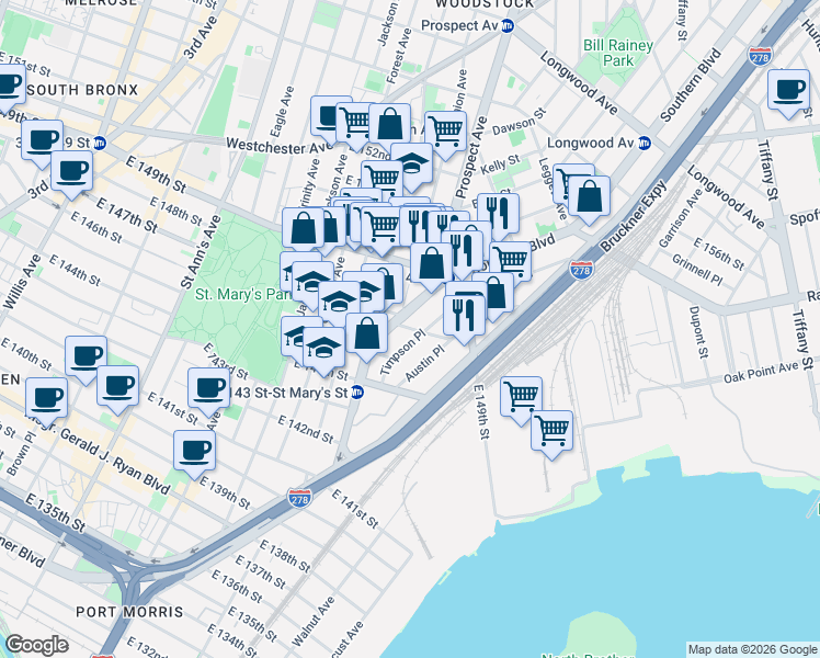 map of restaurants, bars, coffee shops, grocery stores, and more near 486 Timpson Place in The Bronx
