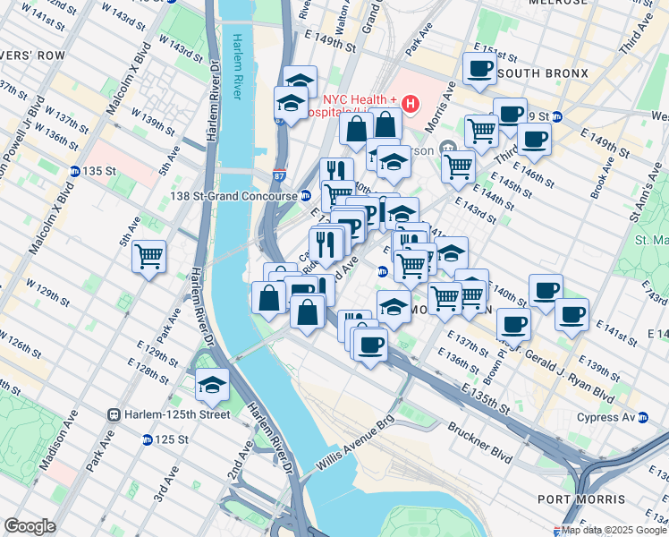 map of restaurants, bars, coffee shops, grocery stores, and more near 241 East 136th Street in The Bronx