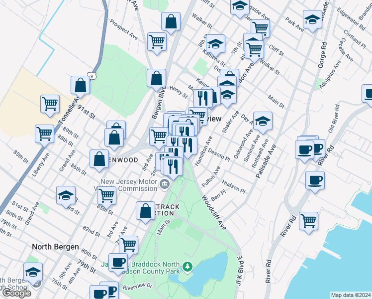 map of restaurants, bars, coffee shops, grocery stores, and more near 359 Fairview Avenue in Fairview