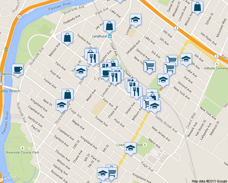 map of restaurants, bars, coffee shops, grocery stores, and more near 325 Grant Avenue in Lyndhurst