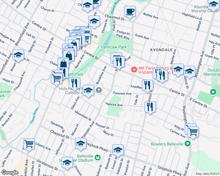 map of restaurants, bars, coffee shops, grocery stores, and more near 94 Passaic Avenue in Nutley