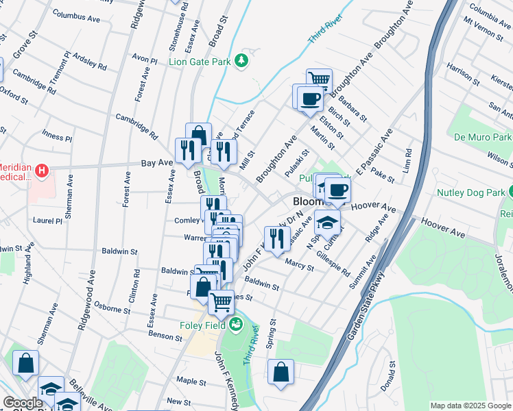 map of restaurants, bars, coffee shops, grocery stores, and more near 345 Hoover Avenue in Bloomfield