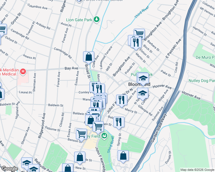 map of restaurants, bars, coffee shops, grocery stores, and more near 33 Morris Place in Bloomfield