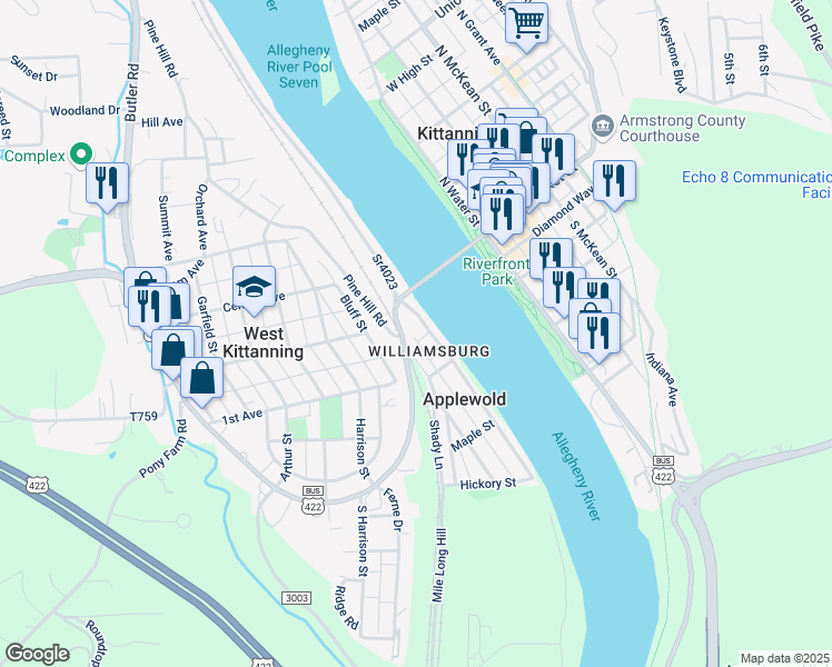 map of restaurants, bars, coffee shops, grocery stores, and more near 120 Allegheny Avenue in Kittanning