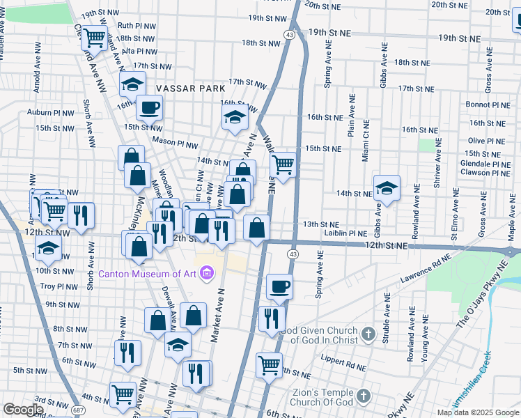 map of restaurants, bars, coffee shops, grocery stores, and more near 1315 Piedmont Avenue Northeast in Canton