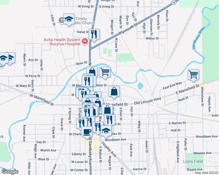 map of restaurants, bars, coffee shops, grocery stores, and more near 219 N Lane St in Bucyrus