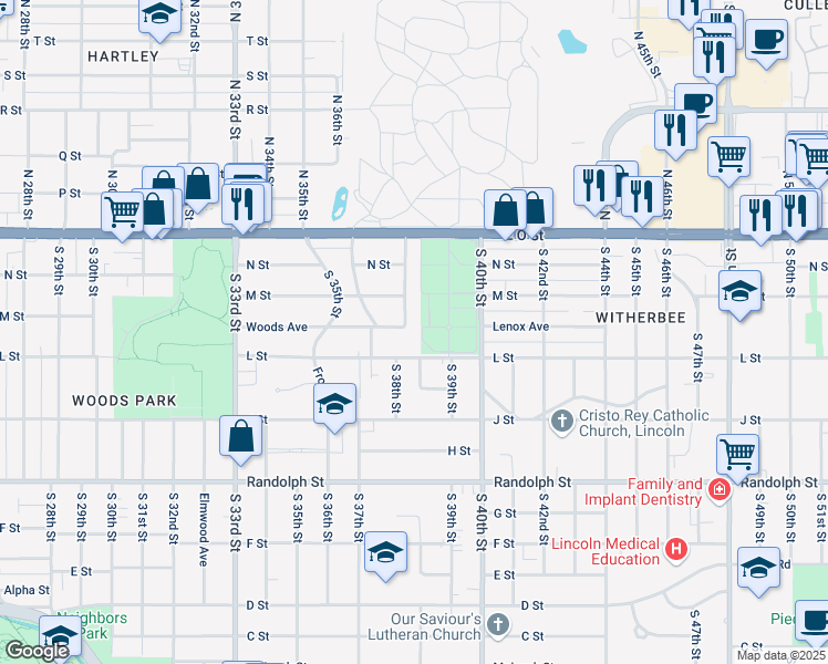 map of restaurants, bars, coffee shops, grocery stores, and more near 350 South 38th Street in Lincoln