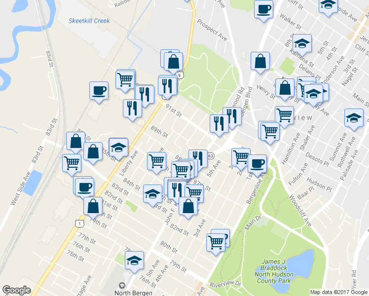 map of restaurants, bars, coffee shops, grocery stores, and more near 1217 89th Street in North Bergen