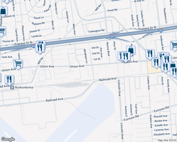 map of restaurants, bars, coffee shops, grocery stores, and more near 5 Windham Lane South in Lake Ronkonkoma