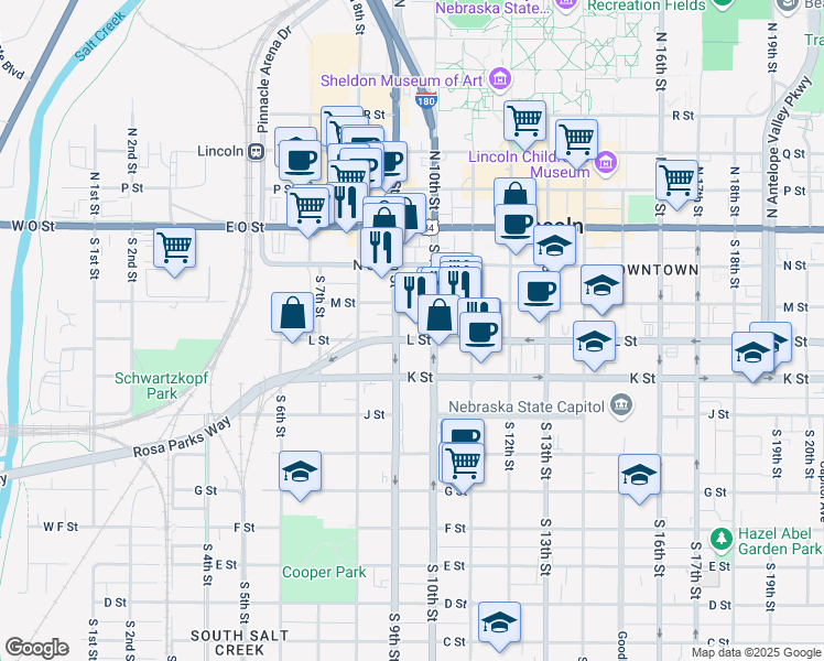 map of restaurants, bars, coffee shops, grocery stores, and more near 920 L Street in Lincoln