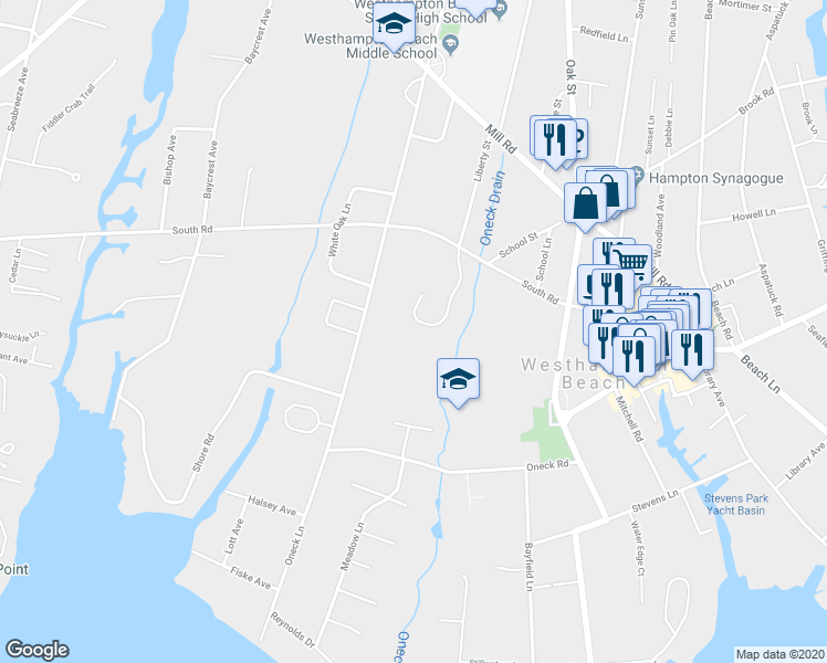 map of restaurants, bars, coffee shops, grocery stores, and more near 18 Michaels Way in Westhampton Beach