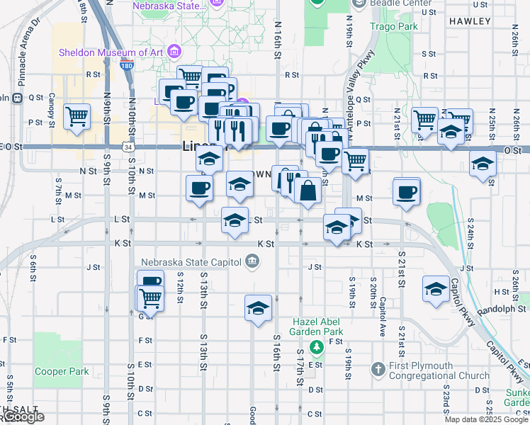 map of restaurants, bars, coffee shops, grocery stores, and more near 332 Centennial Mall South in Lincoln