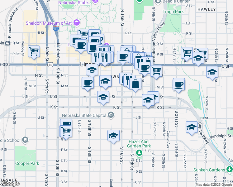 map of restaurants, bars, coffee shops, grocery stores, and more near 332 Centennial Mall South in Lincoln