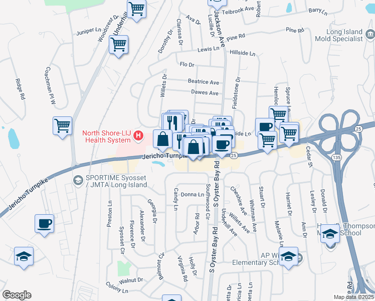 map of restaurants, bars, coffee shops, grocery stores, and more near 321 New York 25 in Syosset