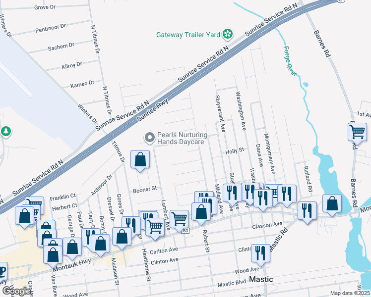map of restaurants, bars, coffee shops, grocery stores, and more near 11 Somers Place in Mastic