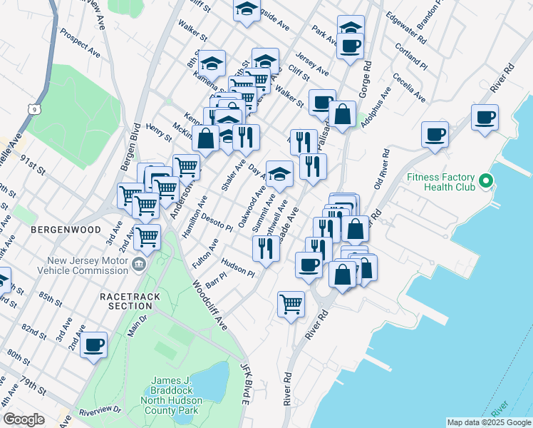 map of restaurants, bars, coffee shops, grocery stores, and more near 225 Prospect Avenue in Cliffside Park