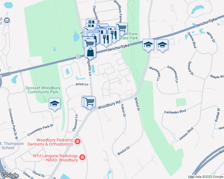 map of restaurants, bars, coffee shops, grocery stores, and more near 13 Woodtree Drive in Woodbury
