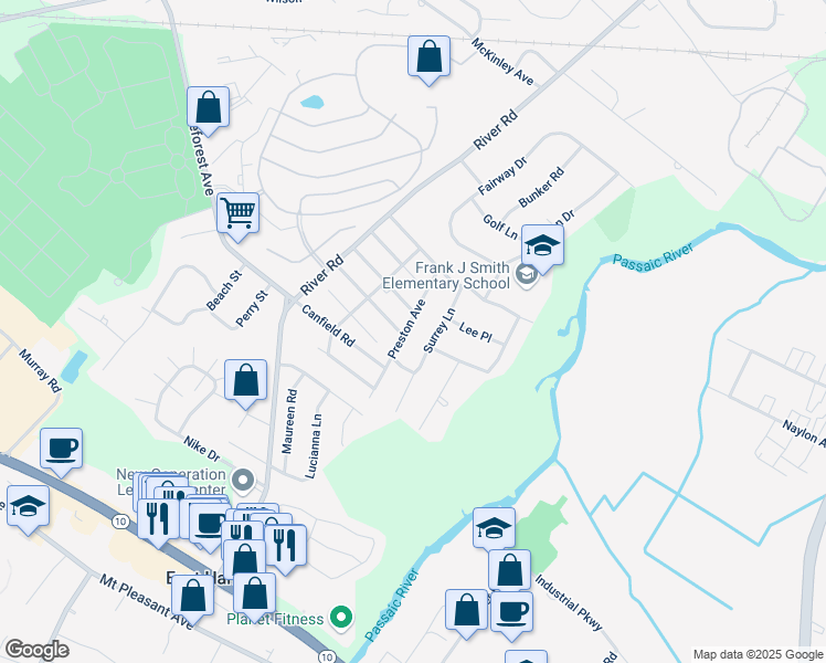 map of restaurants, bars, coffee shops, grocery stores, and more near 30 Preston Avenue in East Hanover