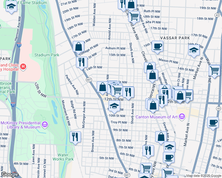 map of restaurants, bars, coffee shops, grocery stores, and more near 1127 Dougherty Place Northwest in Canton