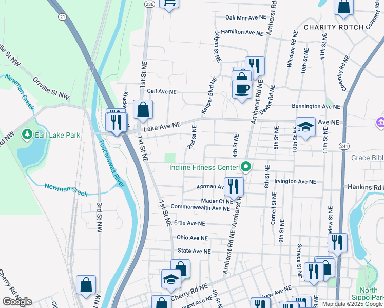 map of restaurants, bars, coffee shops, grocery stores, and more near 1130 2nd Street Northeast in Massillon