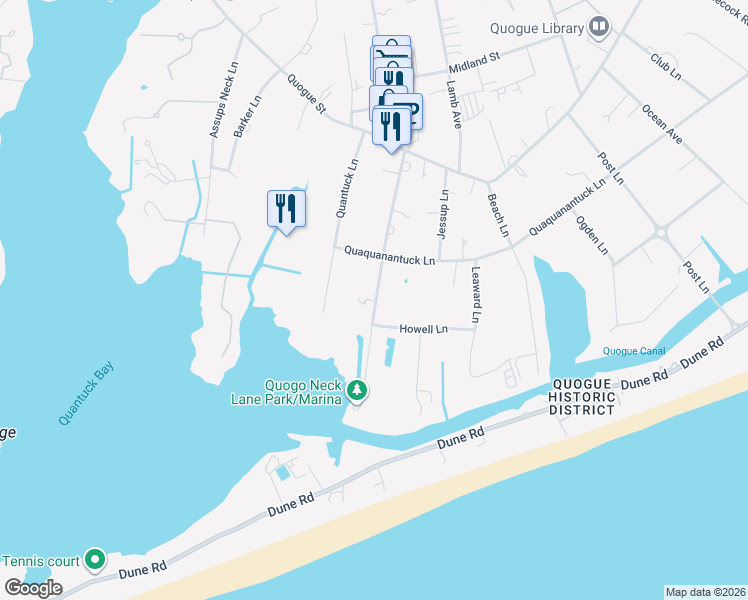 map of restaurants, bars, coffee shops, grocery stores, and more near 21 Quogo Neck Lane in Quogue