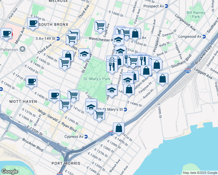 map of restaurants, bars, coffee shops, grocery stores, and more near 441 Concord Avenue in Bronx