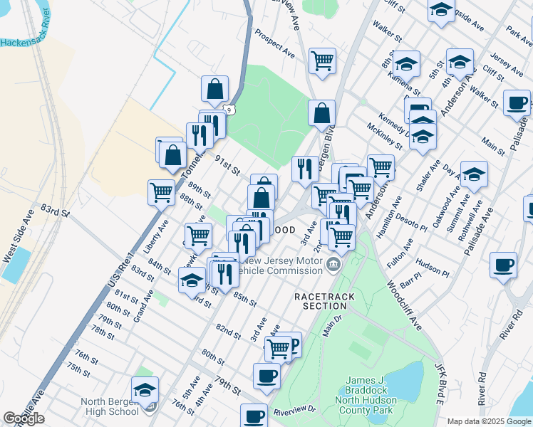map of restaurants, bars, coffee shops, grocery stores, and more near in North Bergen